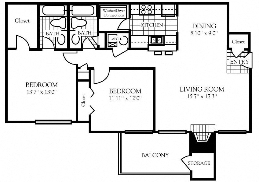 Floor plan for 2 beds, 2 baths, 1092 sqft